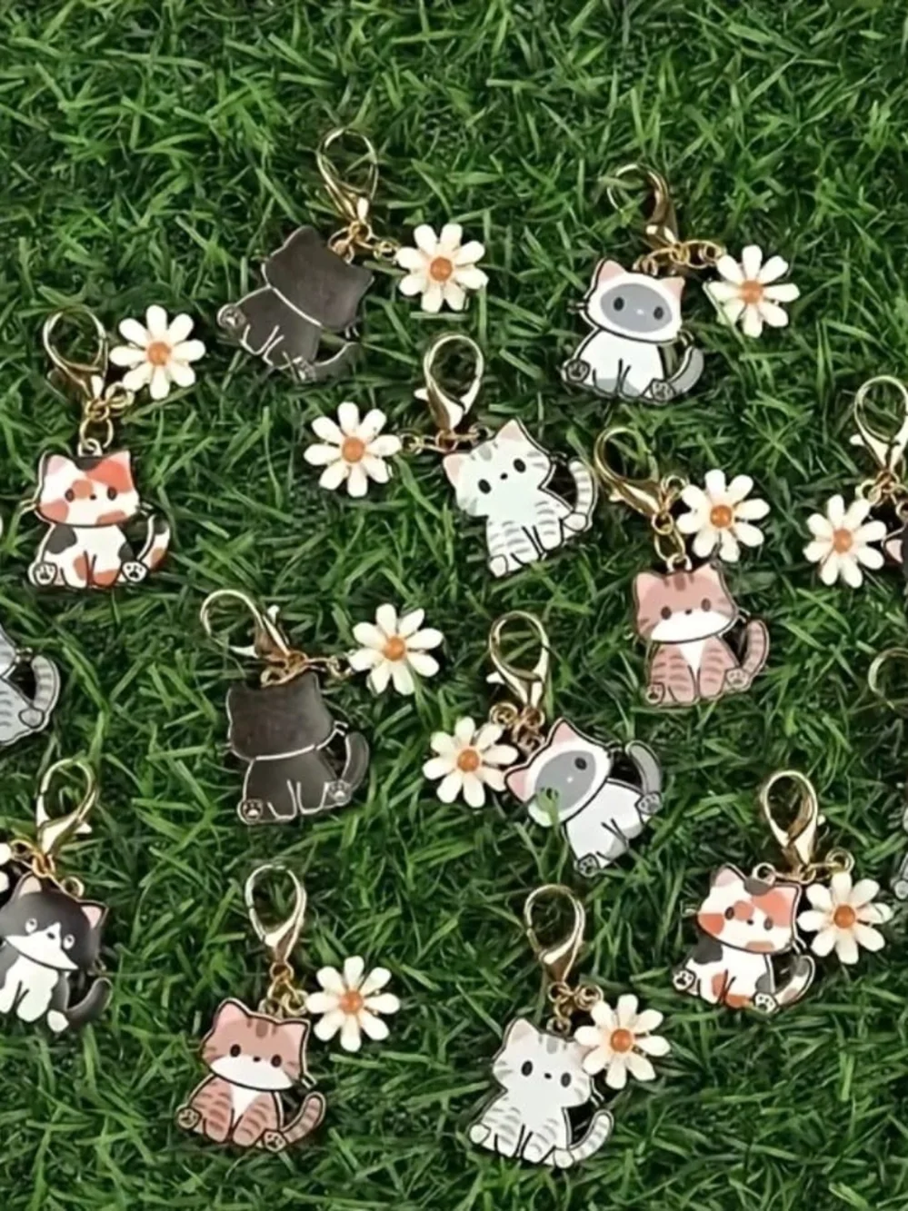 Cute Gray Cat and Daisy Pet Collar Charm - Gold Hardware